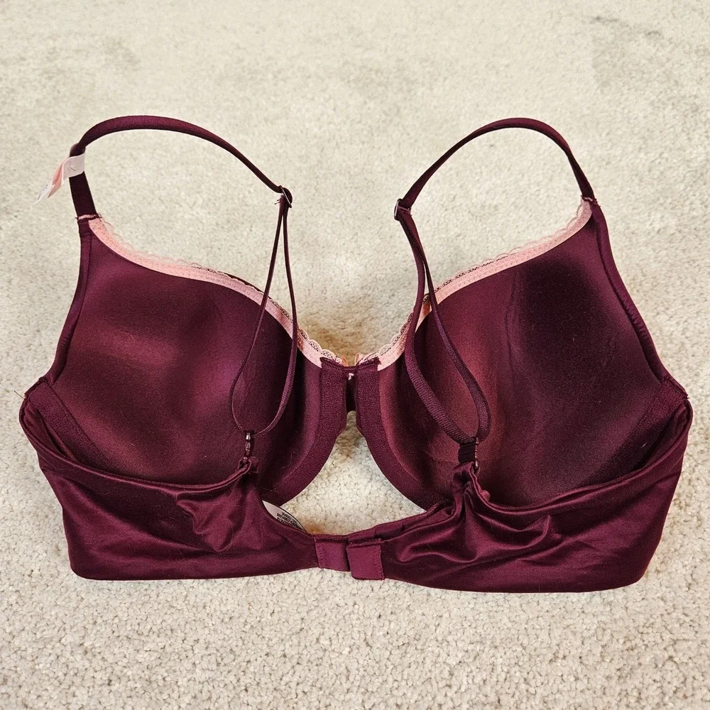 Victoria's Secret 34C Burgundy Satin Lightly Lined Underwire Demi Bra‎ Pink Bow